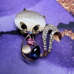 Sparkling Cat Brooch Pin in White, Blue & Pink